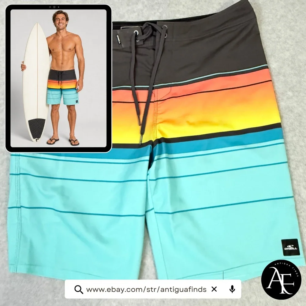 ONeill Hyperfreak Board Shorts Mens 34 Multicolor Striped Hyperdry Swim Trunks